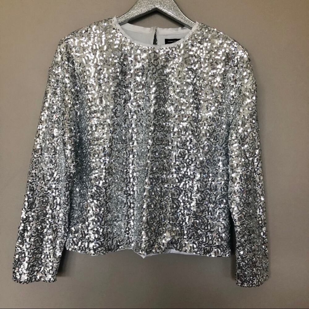 Something Navy All Over Silver Sequin Long Sleeve Blouse - Picture 2 of 7